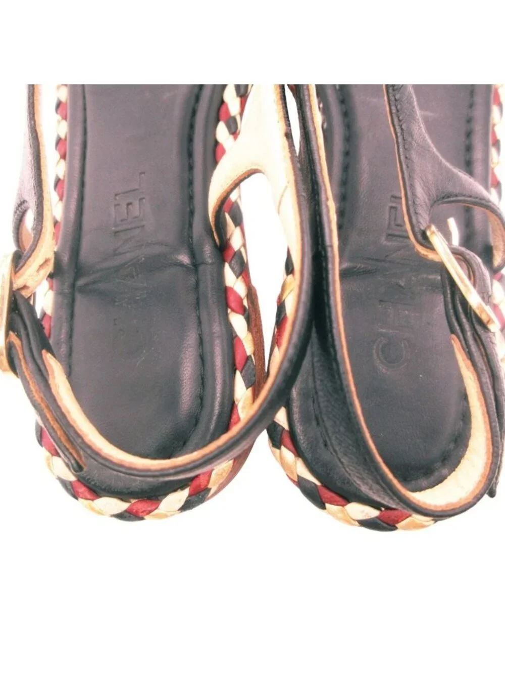 Chanel Sandals Gold Chain T Strap CC Logo Charm Leather Mesh Braided Shoes